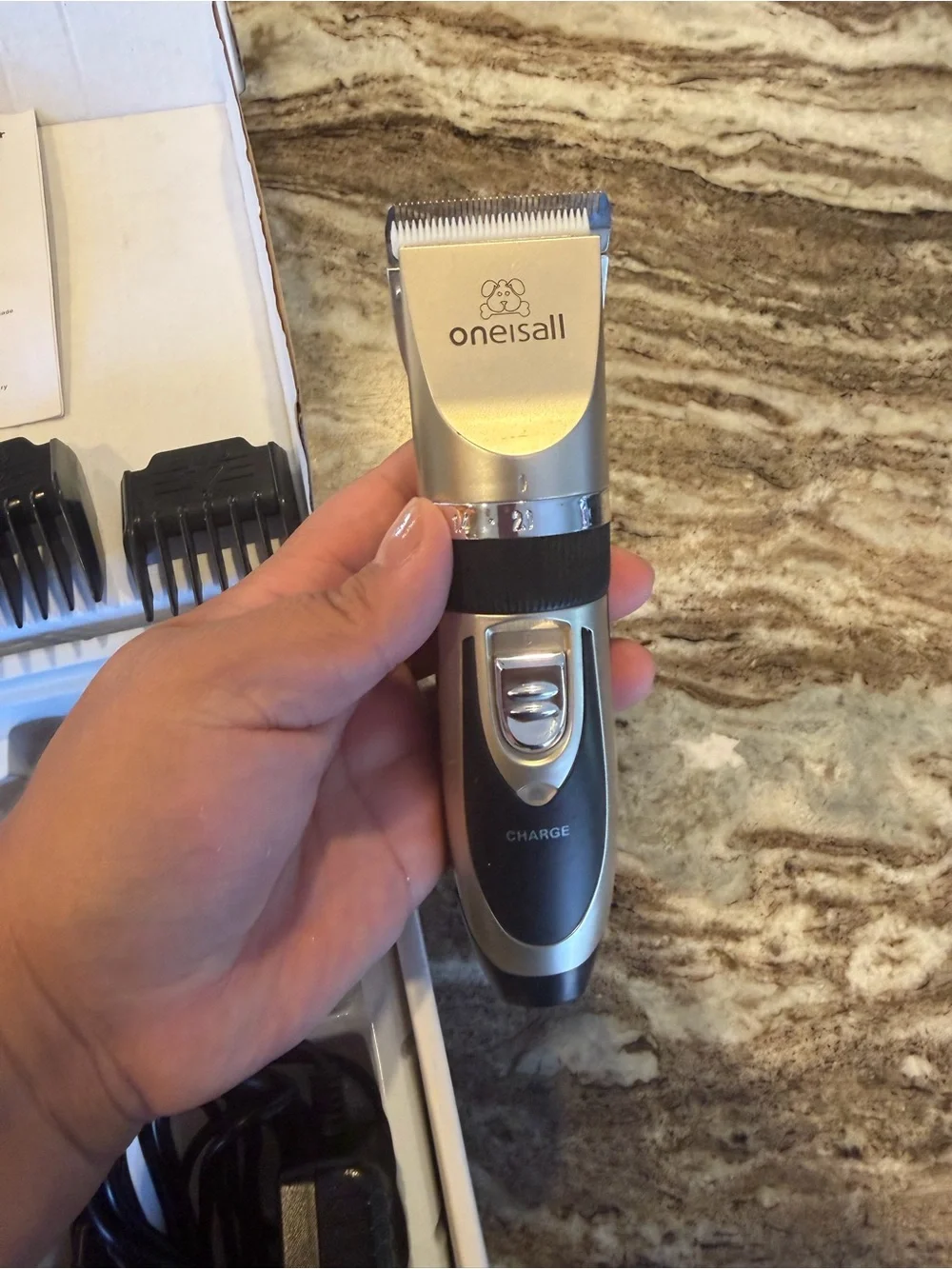 Oneisall Pet grooming clippers- in box low noise and rechargeable.